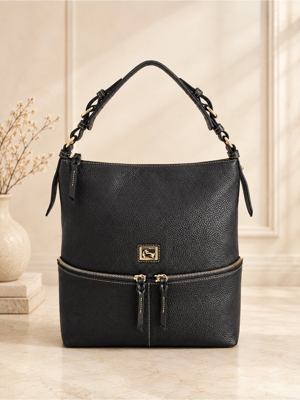 Dooney & Bourke Black Pebbled Leather Hobo Shoulder Bag Double Zip Pocket